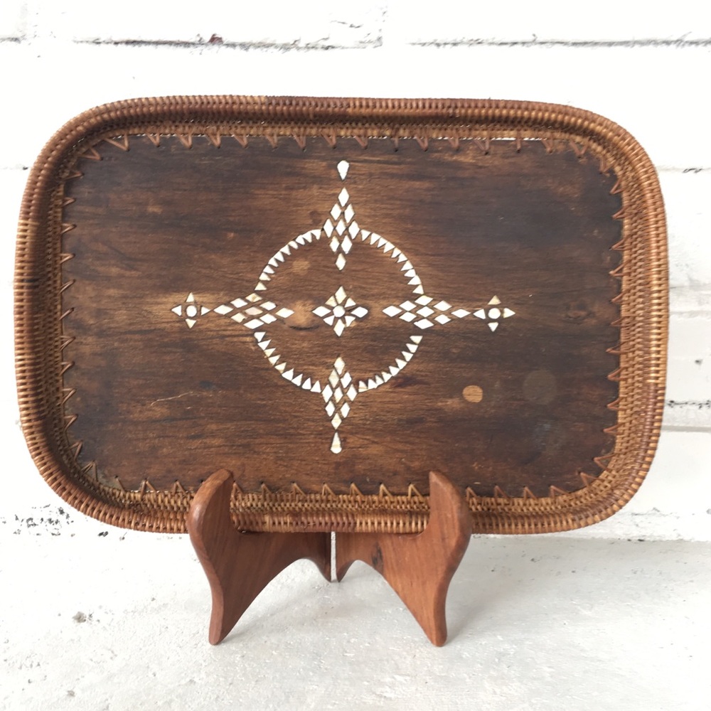 Vintage Wood and Bone Inlay Decorative Tray